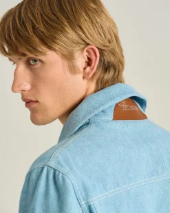 AZURE COTTON JACKET WITH LAMBSKIN DETAIL AND CUPRO LINING