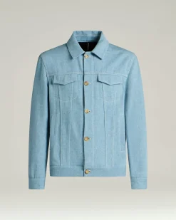 AZURE COTTON JACKET WITH LAMBSKIN DETAIL AND CUPRO LINING