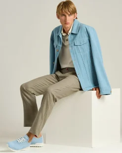 AZURE COTTON JACKET WITH LAMBSKIN DETAIL AND CUPRO LINING