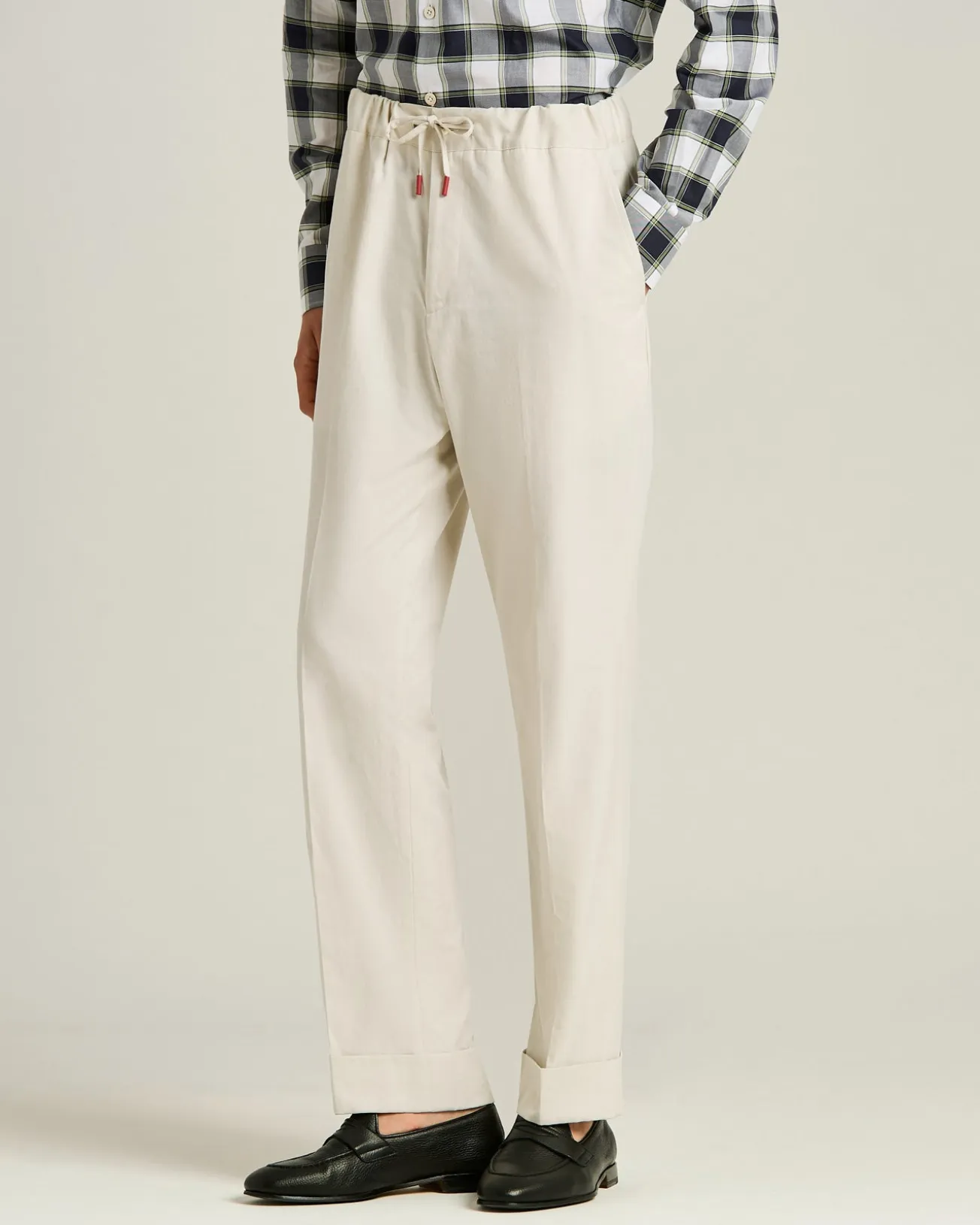 BEIGE COTTON TROUSERS WITH ELASTIC WAIST