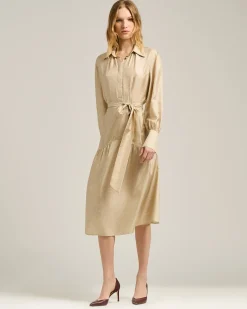 BEIGE PRINTED SILK KNEE-LENGTH SHIRT DRESS