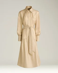 BEIGE PRINTED SILK KNEE-LENGTH SHIRT DRESS