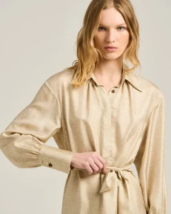 BEIGE PRINTED SILK KNEE-LENGTH SHIRT DRESS