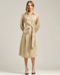 BEIGE PRINTED SILK KNEE-LENGTH SHIRT DRESS