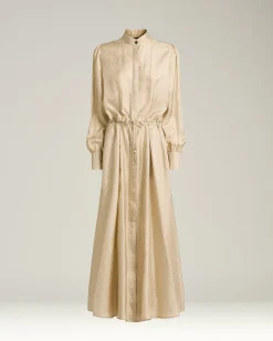 BEIGE PRINTED SILK MIDI SHIRT DRESS