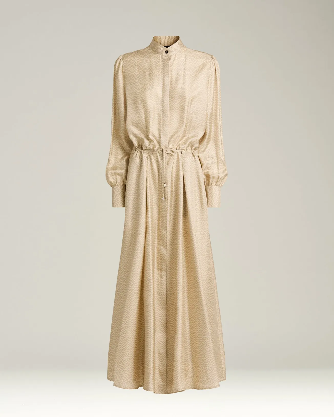 BEIGE PRINTED SILK MIDI SHIRT DRESS