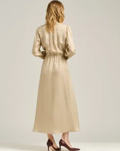 BEIGE PRINTED SILK MIDI SHIRT DRESS