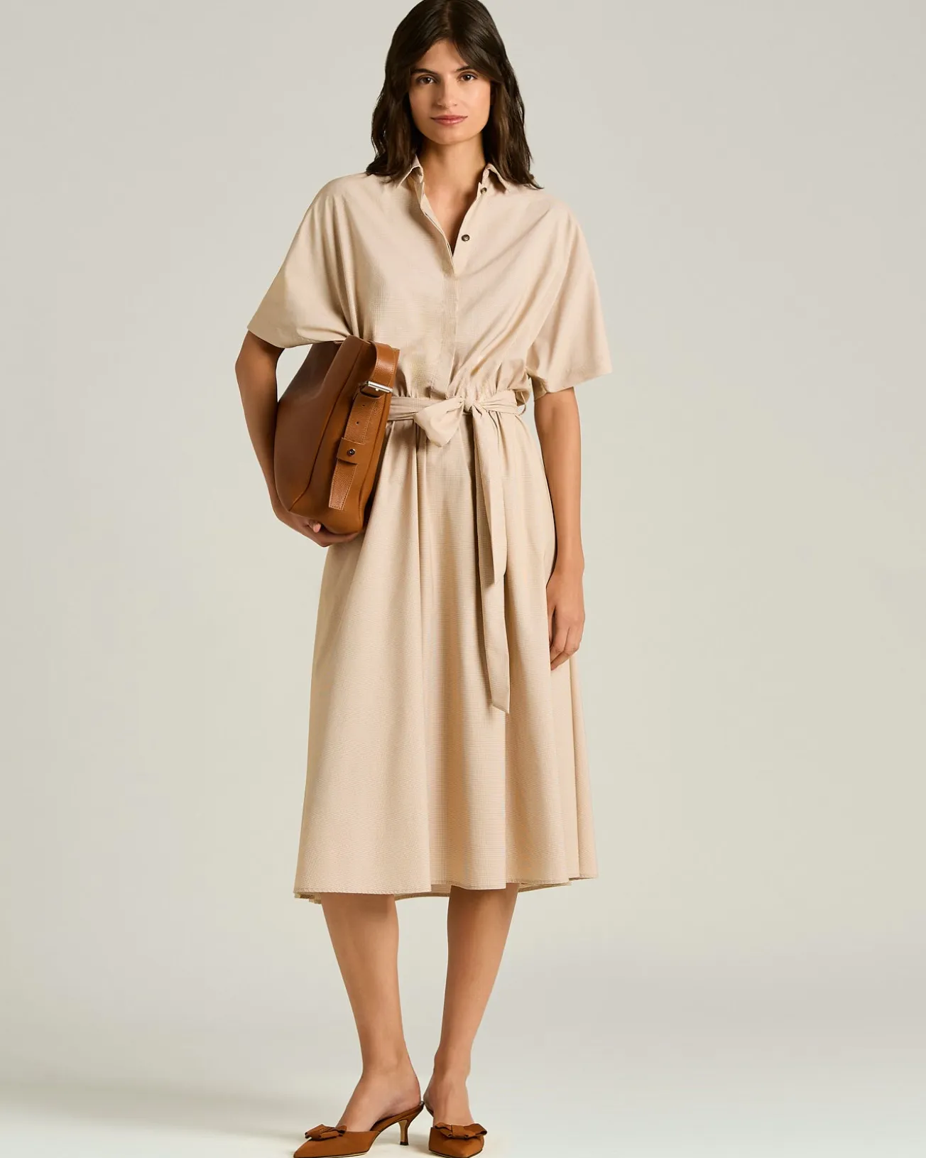 BELTED ORANGE DRESS IN NYLON AND SILK BLEND