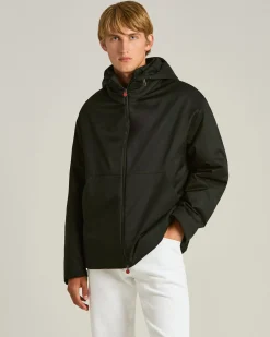 BLACK HOODED TECHNICAL FABRIC JACKET