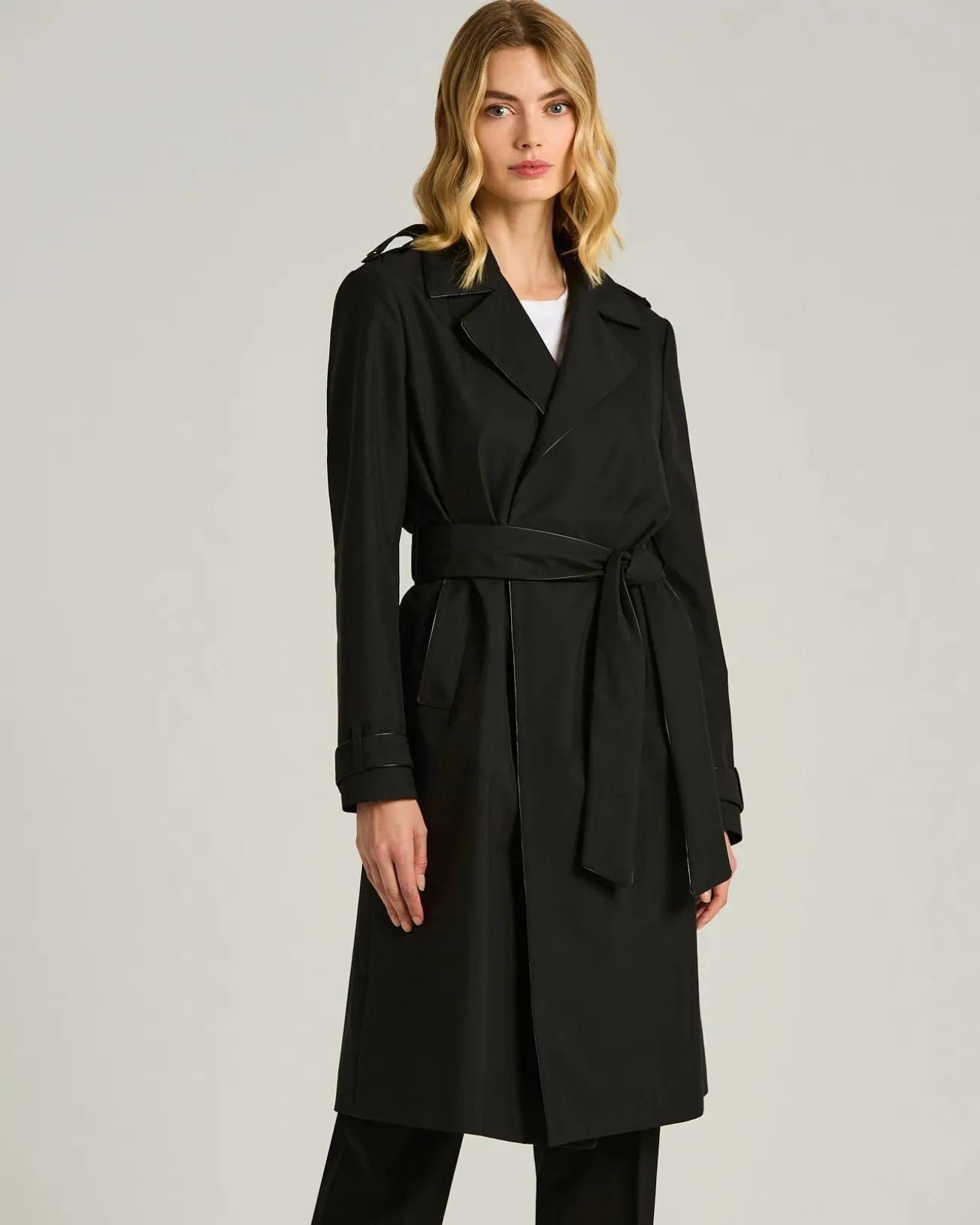 BLACK SILK SATIN OVERCOAT WITH CALFSKIN DETAILS