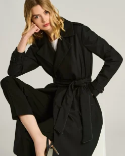 BLACK SILK SATIN OVERCOAT WITH CALFSKIN DETAILS