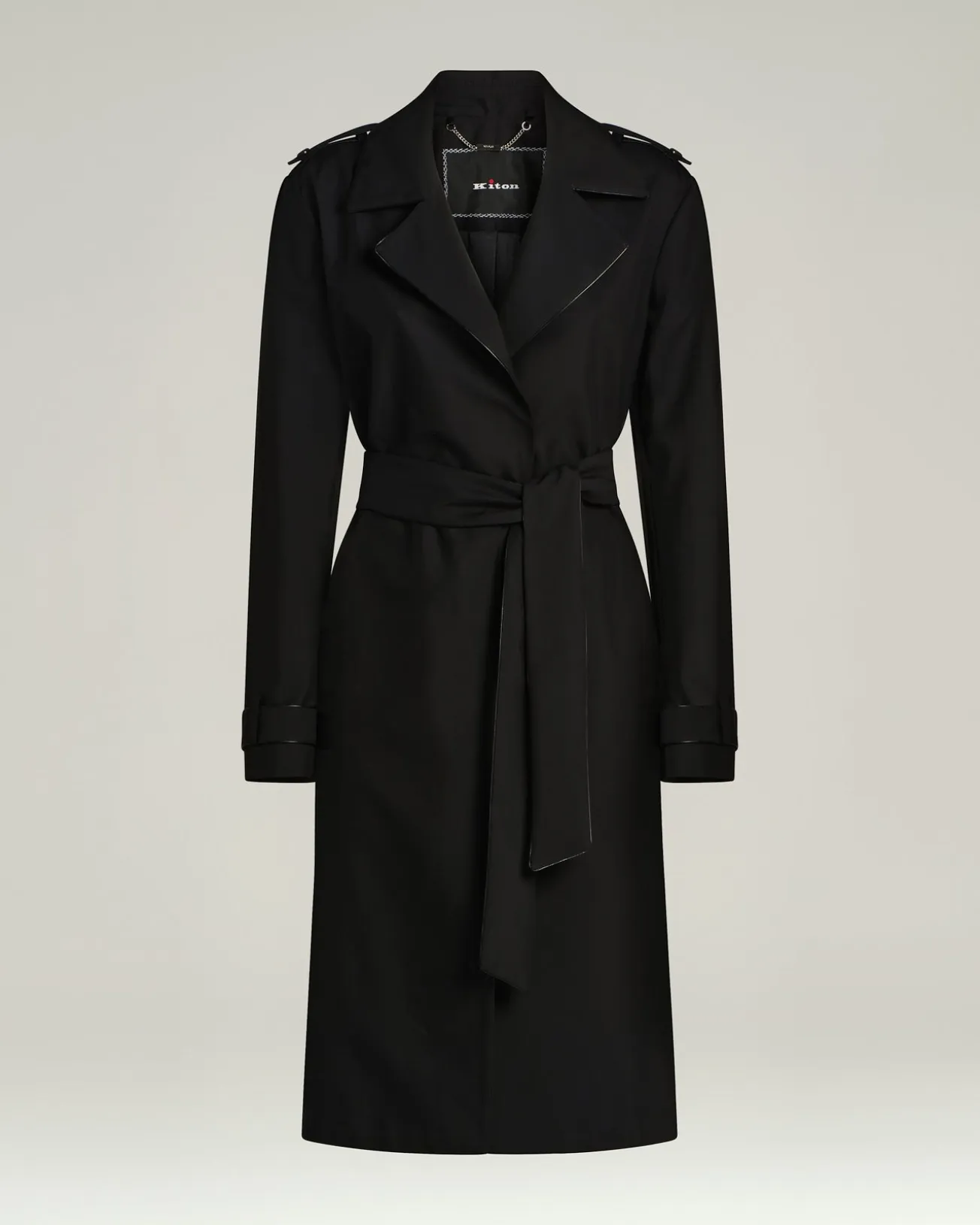 BLACK SILK SATIN OVERCOAT WITH CALFSKIN DETAILS