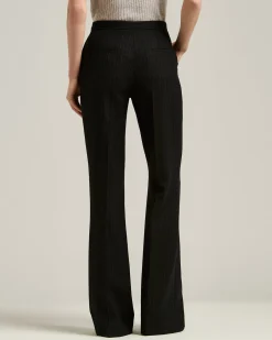 BLACK WIDE-LEG PINSTRIPE WORSTED WOOL TROUSERS