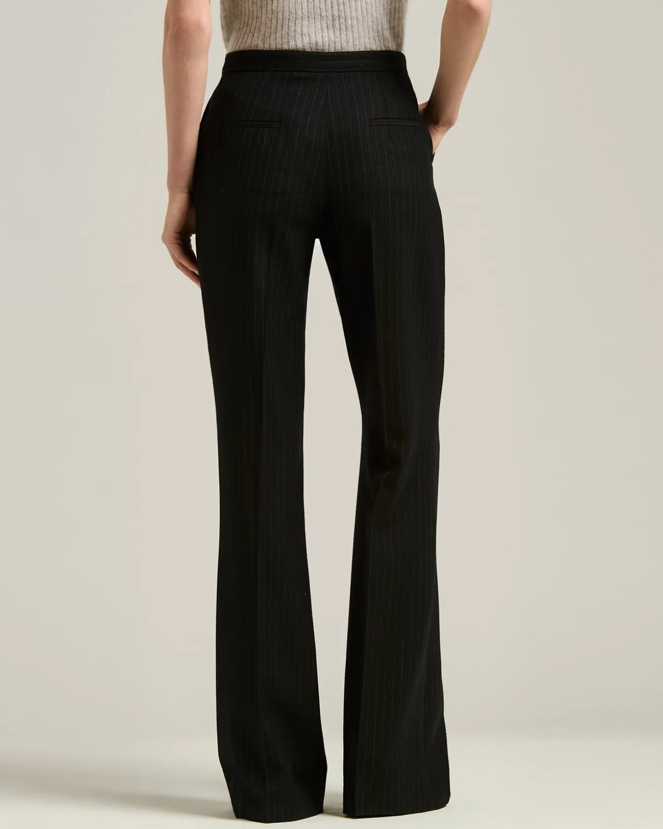 BLACK WIDE-LEG PINSTRIPE WORSTED WOOL TROUSERS