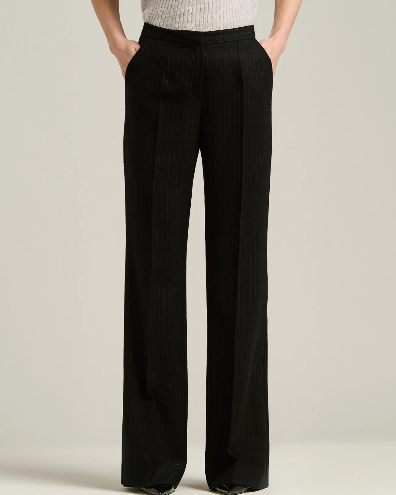 BLACK WIDE-LEG PINSTRIPE WORSTED WOOL TROUSERS