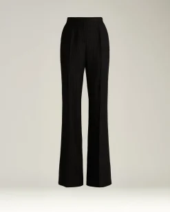 BLACK WIDE-LEG PINSTRIPE WORSTED WOOL TROUSERS