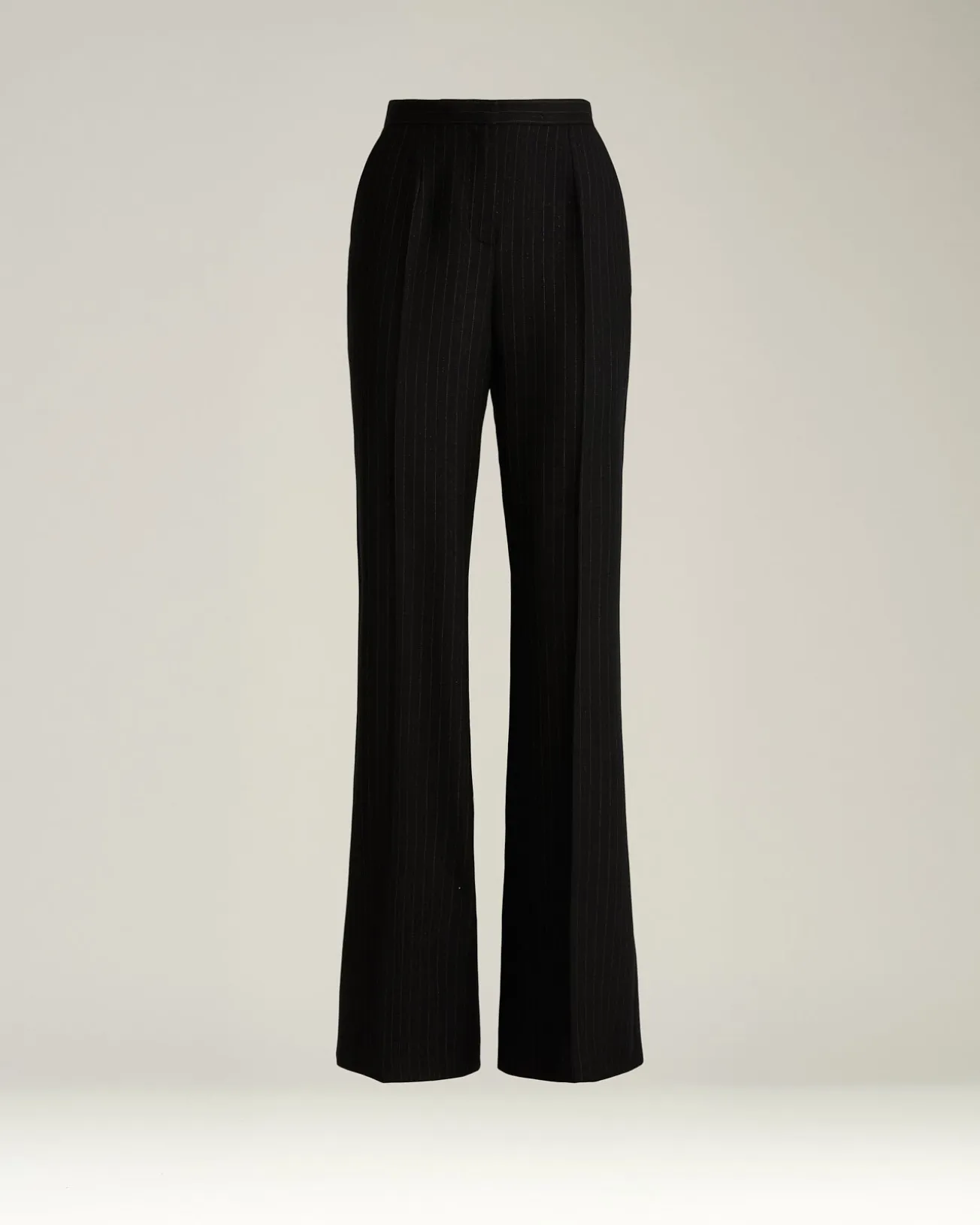 BLACK WIDE-LEG PINSTRIPE WORSTED WOOL TROUSERS