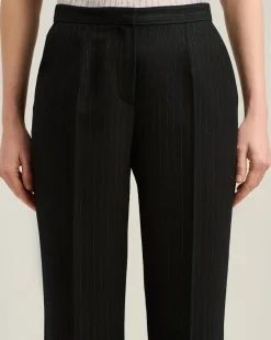 BLACK WIDE-LEG PINSTRIPE WORSTED WOOL TROUSERS