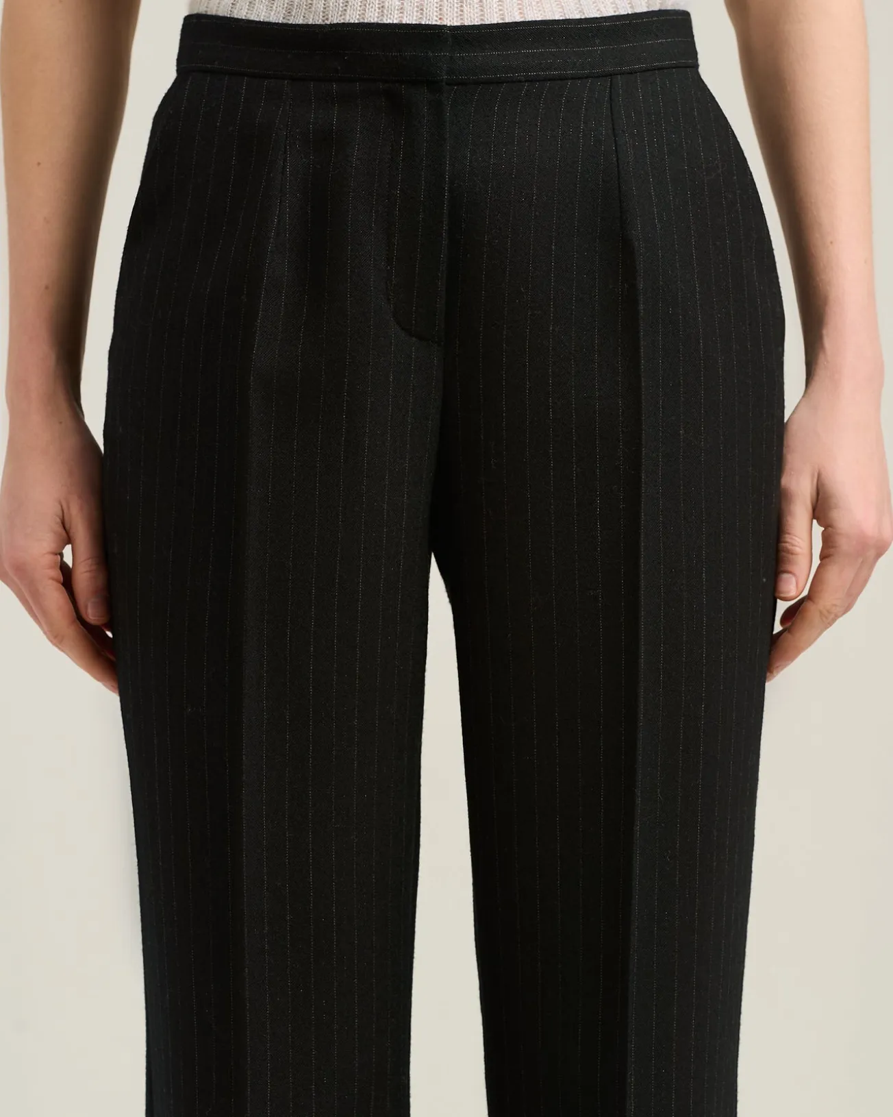BLACK WIDE-LEG PINSTRIPE WORSTED WOOL TROUSERS