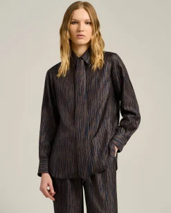 BLUE AND BROWN PRINTED SILK BLOUSE WITH TIE NECK
