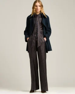 BLUE AND BROWN PRINTED SILK BLOUSE WITH TIE NECK