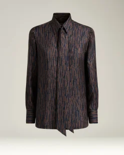BLUE AND BROWN PRINTED SILK BLOUSE WITH TIE NECK