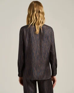 BLUE AND BROWN PRINTED SILK BLOUSE WITH TIE NECK