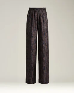 BLUE AND BROWN PRINTED SILK PALAZZO TROUSERS
