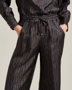 BLUE AND BROWN PRINTED SILK PALAZZO TROUSERS
