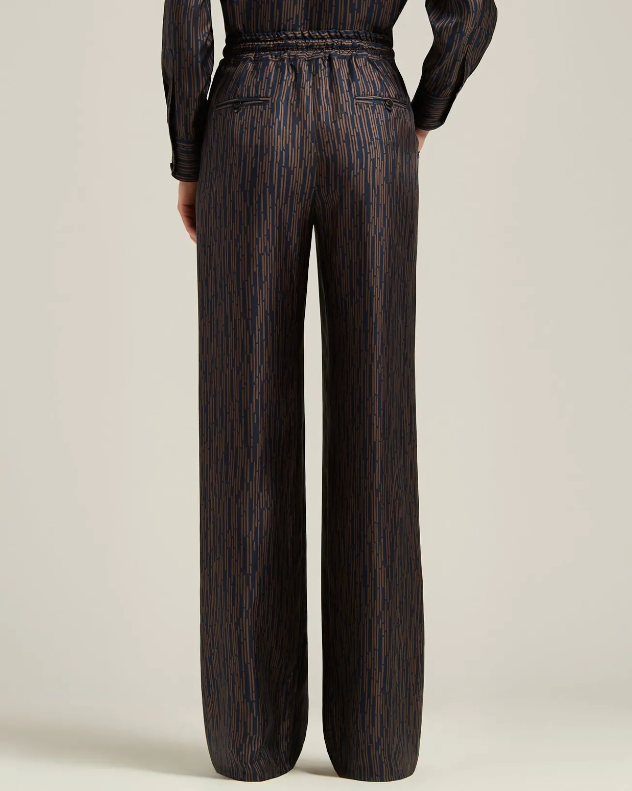 BLUE AND BROWN PRINTED SILK PALAZZO TROUSERS