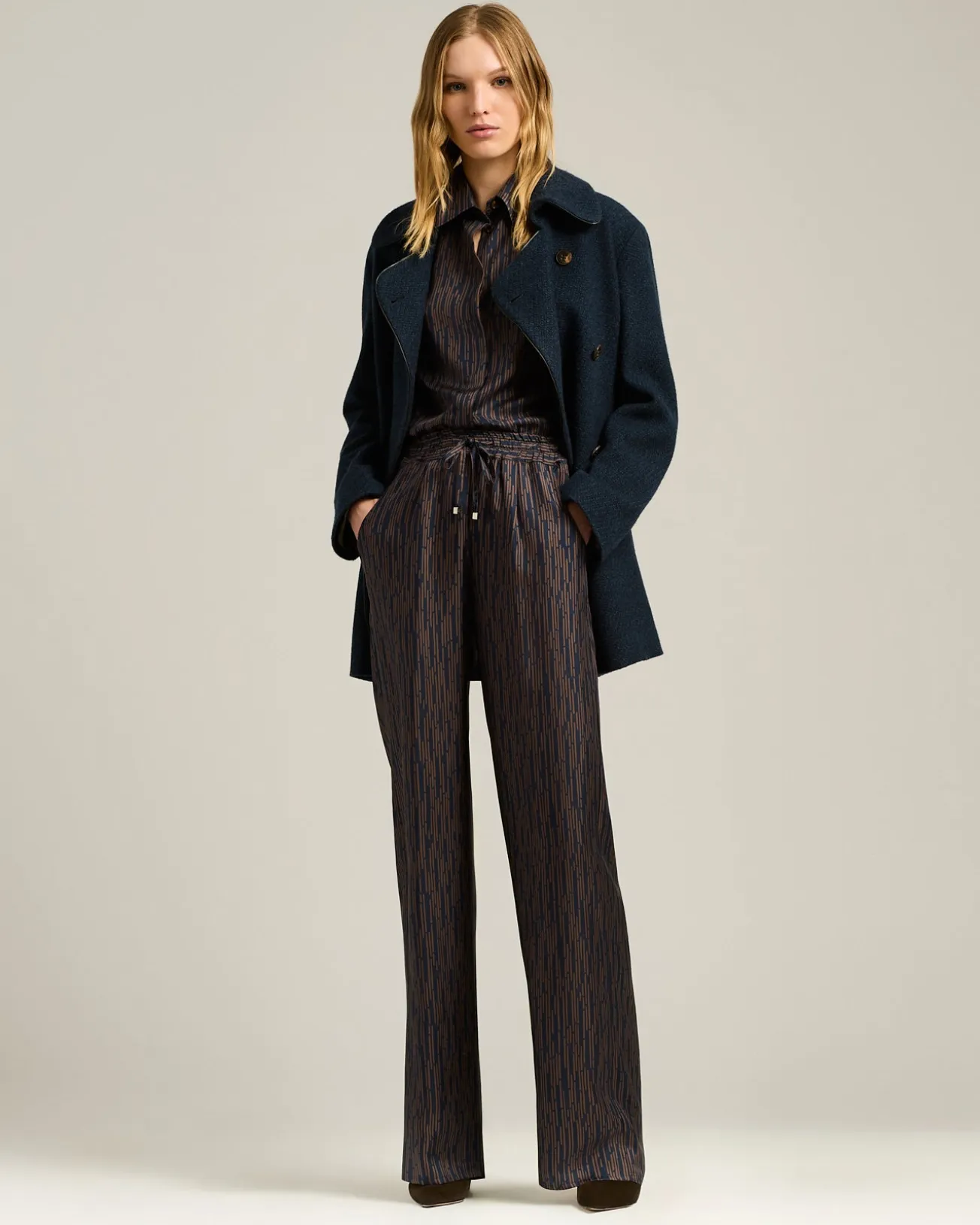 BLUE AND BROWN PRINTED SILK PALAZZO TROUSERS