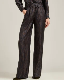 BLUE AND BROWN PRINTED SILK PALAZZO TROUSERS