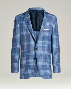 BLUE CASHMERE, SILK AND LINEN CHECKED SINGLE-BREASTED JACKET