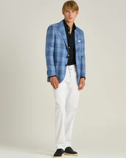 BLUE CASHMERE, SILK AND LINEN CHECKED SINGLE-BREASTED JACKET