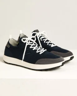 BLUE COTTON-KNIT SNEAKERS WITH CALFSKIN SUEDE