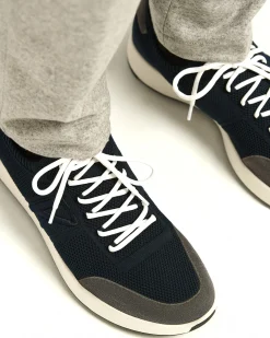 BLUE COTTON-KNIT SNEAKERS WITH CALFSKIN SUEDE