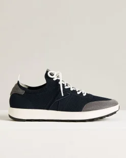 BLUE COTTON-KNIT SNEAKERS WITH CALFSKIN SUEDE
