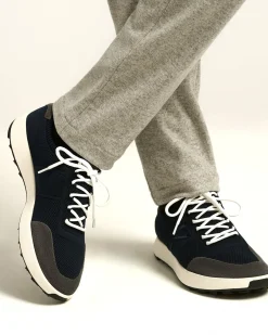 BLUE COTTON-KNIT SNEAKERS WITH CALFSKIN SUEDE