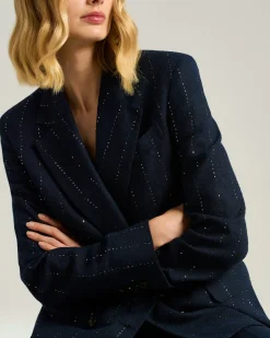BLUE LINEN, WOOL AND SILK DOUBLE-BREASTED JACKET
