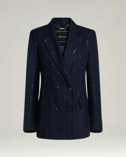 BLUE LINEN, WOOL AND SILK DOUBLE-BREASTED JACKET