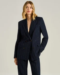BLUE LINEN, WOOL AND SILK DOUBLE-BREASTED JACKET