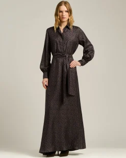 BROWN AND BLUE PRINTED LONG SILK SHIRT DRESS