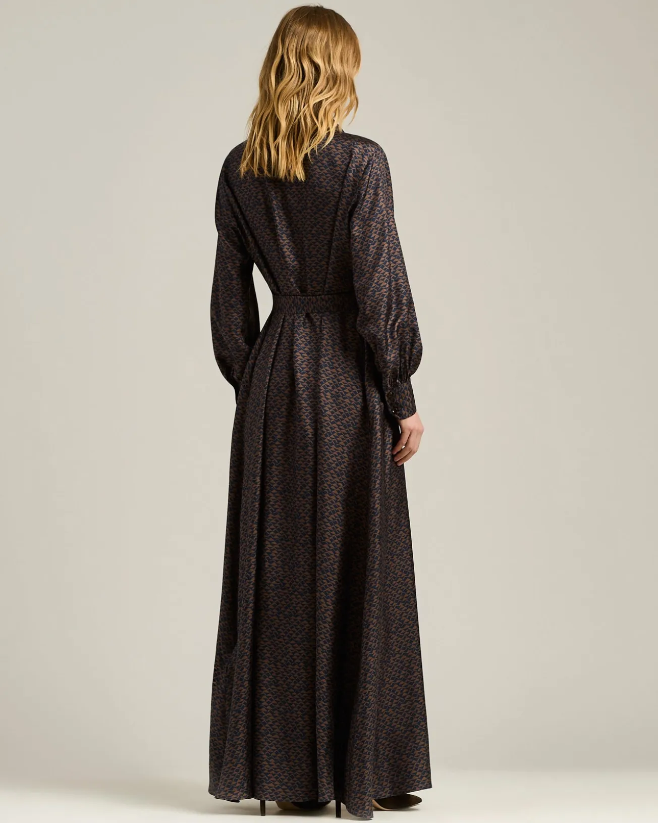 BROWN AND BLUE PRINTED LONG SILK SHIRT DRESS