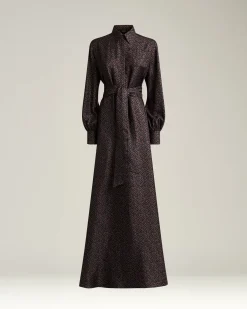 BROWN AND BLUE PRINTED LONG SILK SHIRT DRESS