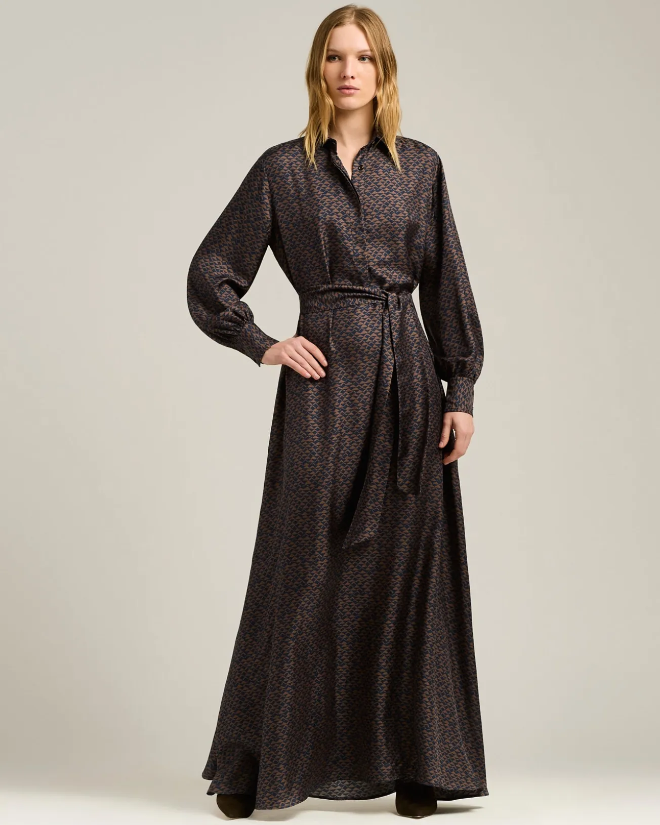 BROWN AND BLUE PRINTED LONG SILK SHIRT DRESS