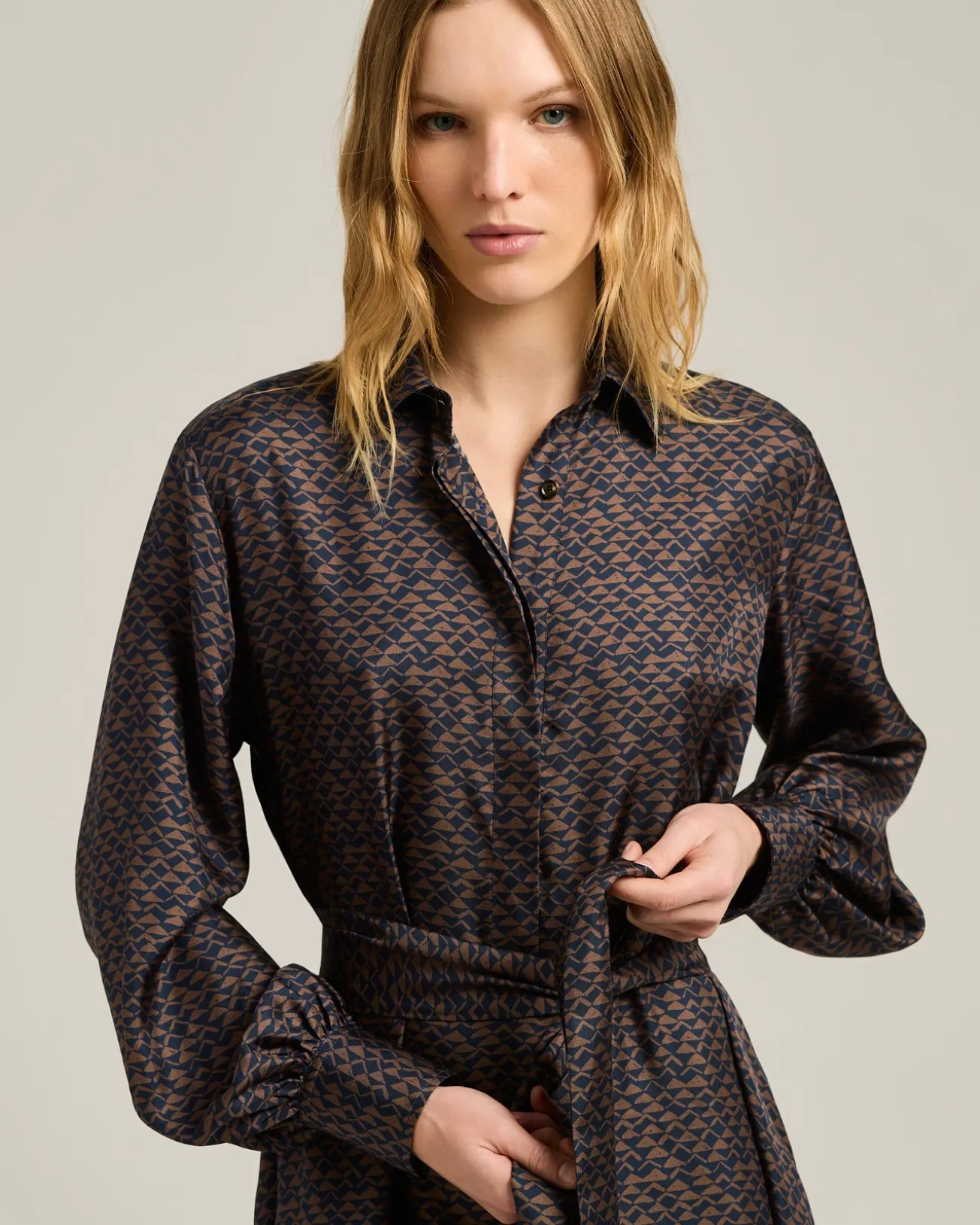 BROWN AND BLUE PRINTED LONG SILK SHIRT DRESS
