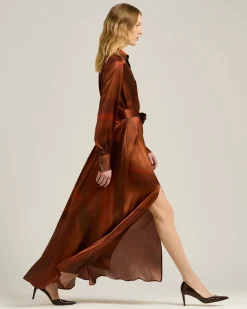 BROWN AND RUST PRINTED LONG SILK SHIRT DRESS