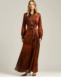BROWN AND RUST PRINTED LONG SILK SHIRT DRESS