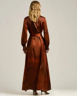 BROWN AND RUST PRINTED LONG SILK SHIRT DRESS