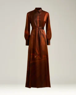 BROWN AND RUST PRINTED LONG SILK SHIRT DRESS